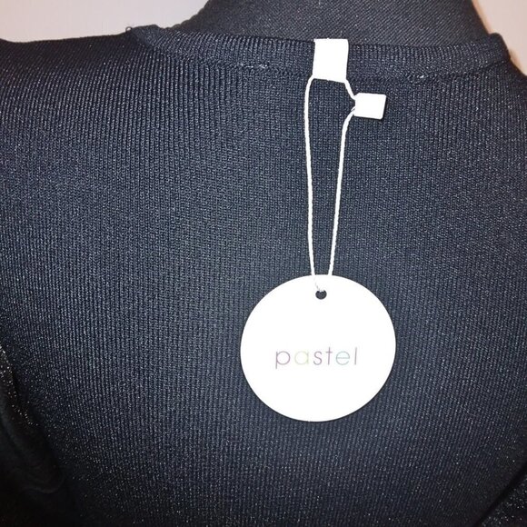 PASTEL COLLECTIONS BLACK KNIT MIDI DRESS W/ SHEER PUFF SLEEVES & CRYSTAL HEART - Picture 3 of 7